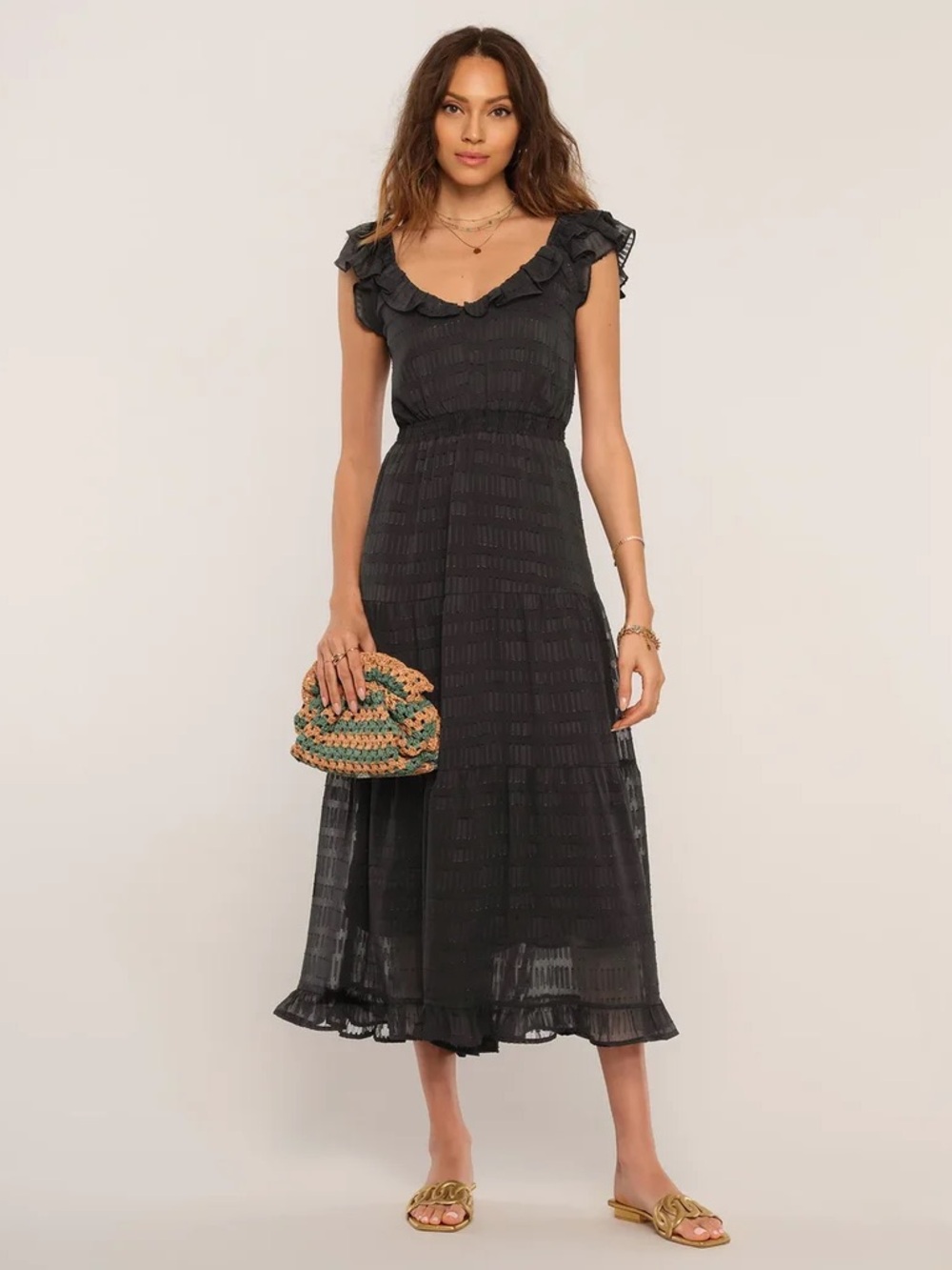 Heartloom Vesna Black Tiered Ruffle Midi Dress Black Romantic Women’s M NEW